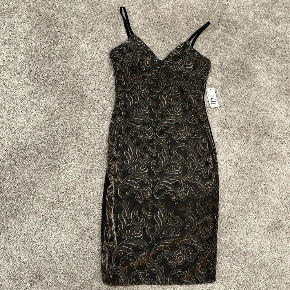 NWT Foreign Exchange Gold Black Midi Bodycon Dress (M)